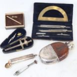 Various collectables, including silver cheroot holder case, small silver plated crocodile hip