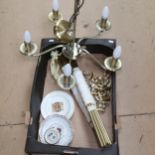 A modern brass 5-branch chandelier, brass carpet stair rods etc (boxful)