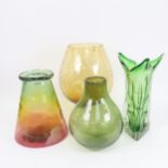 A Vintage triangular Art glass vase, height 32cm, and 3 other glass vases