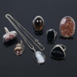 5 large silver and stone set dress rings, and 2 stone set pendants