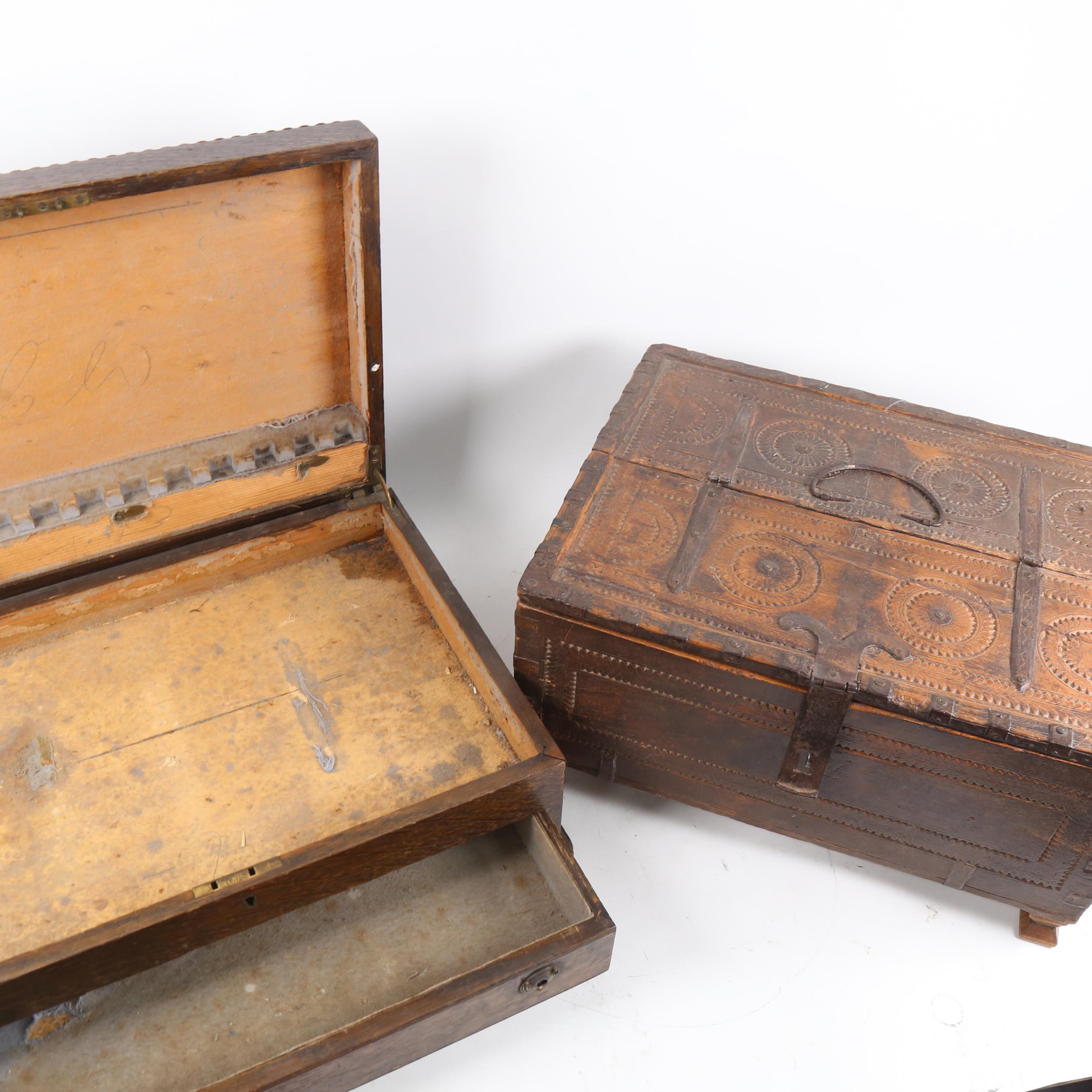 An Indian wrought-metal bound hardwood trunk box, and a Vintage oak cutlery box (2) - Image 2 of 2