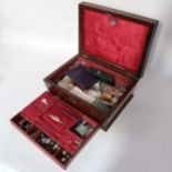 Victorian rosewood workbox, with tray-fitted interior and contents including silver thimbles,