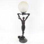A modern bronzed resin Art Deco style dancing lady table lamp, with crackle-glass globe shade,