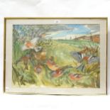 David Koster, watercolour, birds in a field, signed, framed, overall 57cm x 77cm