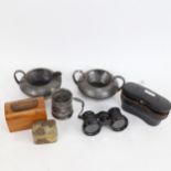 Cased opera glasses, Mauchline Ware box, Oriental brass box with applied copper motifs etc
