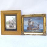 A modern oil on board, galleon battle scene, signed, and a coloured print, both framed (2)
