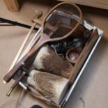 Drums, early tennis racket, picture easel etc