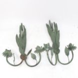 A pair of green painted metal twin-branch wall lights, with wheatear decoration, 39cm