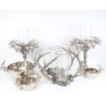A group of Kenneth Turner plated candle holders, to include a pair of antler-mounted holders, stag-