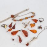 An amber and silver panel bracelet, 3 rings, and pendants etc
