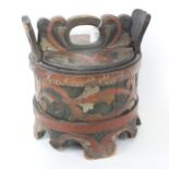 19th century European carved and painted pot and cover, with scrolled foliate decoration, and