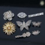 3 silver filigree butterfly design brooches, a violin design brooch etc