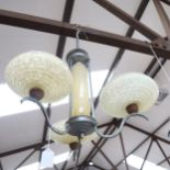 Art Deco 3-branch ceiling light fitting, with metal mounts and mottled glass shades, diameter