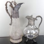 An Edwardian etched glass Claret jug, with embossed plated mounts, and a hinged stopper with coronet