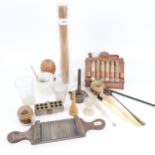 A small pill maker, turned wood lidded pots, leather-cased glass medicinal powders, toothbrush etc