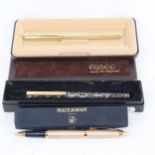 Boxed Elysee gold plated fountain pen, Waterman ballpoint pen, and another (3)