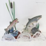 3 Scandinavian glass animal sculptures, and 2 leaping fish on plinths