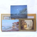 R S Loveland, 5 oils on canvas, landscape and street scenes, 3 framed, largest overall 54cm x
