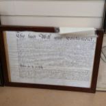 Framed Norden's Map of Windsor Forest, height 52cm overall, a framed Will of Owen Morris of Stoke-