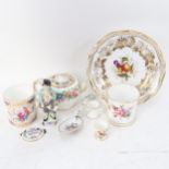 A Spode cabinet plate, miniature Royal Worcester cups with painted birds, teapot etc
