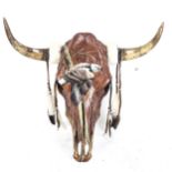 TAXIDERMY - a large hand painted cow skull and horns, painted decoration of golden eagle, by