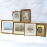 Various watercolours and prints, including 19th century farmyard scene (6)