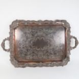 A rectangular 2-handled silver plate on copper tea tray, with embossed cast edge and engraved