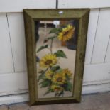 A velvet-framed hand painted sunflower rectangular wall mirror, overall 80cm x 45cm