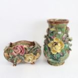 A large Victorian Majolica pottery rose vase, and a similar ovoid jardiniere, vase height 40cm (2)