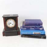 A slate-cased 8-day mantel clock, height 24cm, and various books on clocks and watches