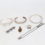 3 silver bangles, heart design brooch etc