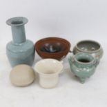 A Chinese celadon glazed vase, 16cm, A/F, Chinese bowls, box etc