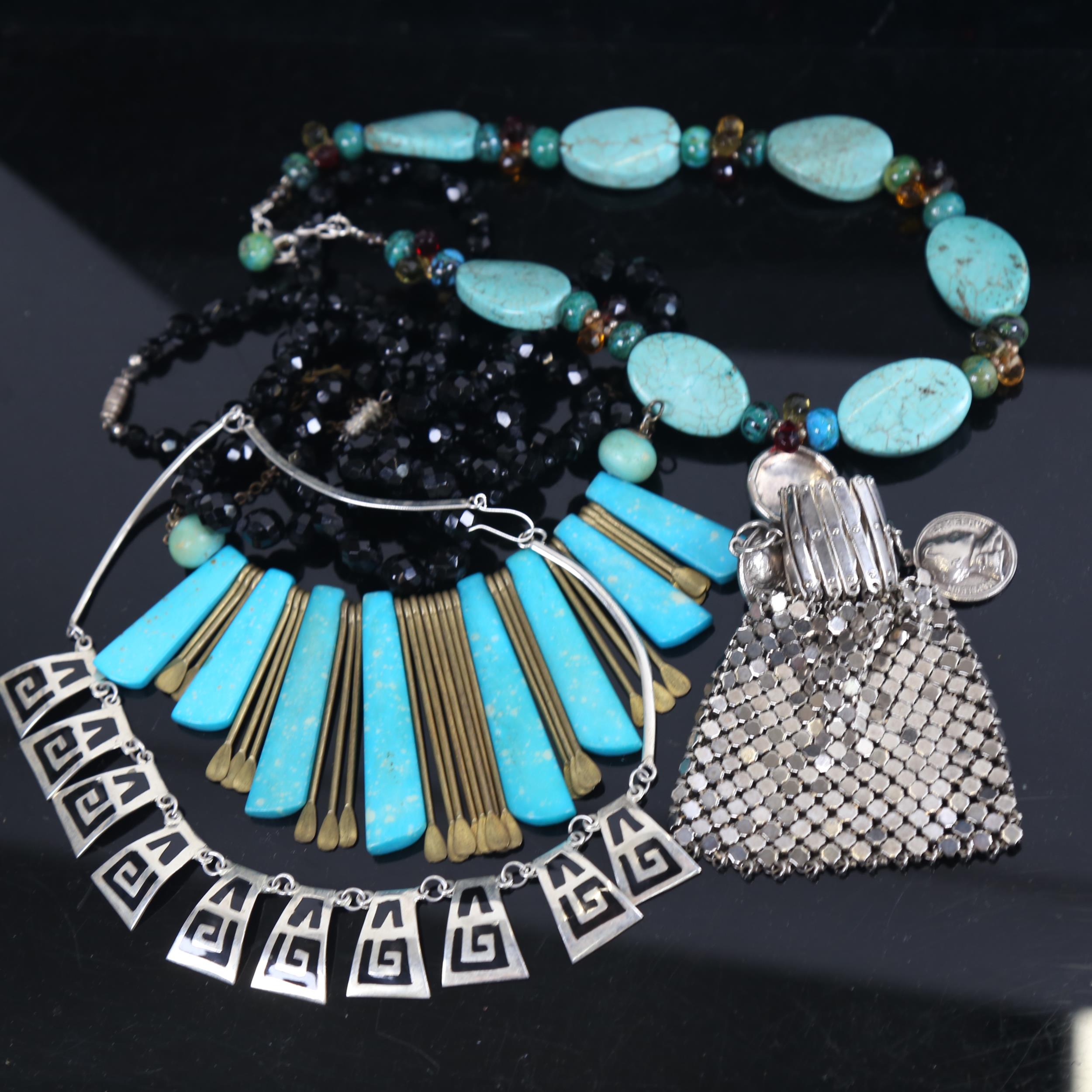 Various costume jewellery, including Mexican black enamel and silver plated fringe necklace, miser's