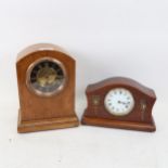 An oak-cased mantel clock, height 26cm, and a mantel clock with painted decoration