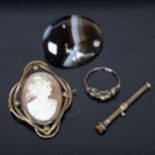 A relief carved cameo in gilt-metal mount, agate brooch, unmarked yellow metal ring (1 stone