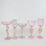 5 Venetian handblown glass decorative drinking glasses, including Latticino examples, largest height