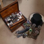 Various collectables, including collapsible top hat, kukri knife, brass candlesticks etc