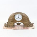 A French Art Deco gilded spelter 8-day mantel clock, maker JR of Paris, on pink veined marble plinth