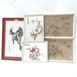 4 Japanese silk embroidered pictures, and a similar horse print (5)