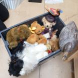 Boxful of teddy bears, including Steiff, carved and painted ducks etc