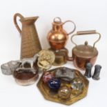 Various metalware and collectables, including glass paperweights, crocodile-effect brass flagon,