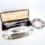 KMF cut-glass and silver plate sardine dish and cover on stand, length 33cm, a cased pair of