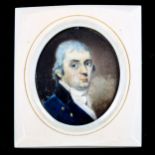 A miniature painted portrait on ivory of a gentleman wearing a blue coat, unsigned, late 18th/