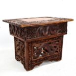 A Chinese relief carved hardwood scribe's folding table, early 20th century, 38cm x 30cm x 31cm high