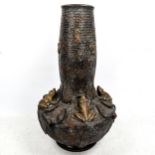 A patinated bronze narrow-necked vase, with relief cast frog and lily pad design, by Maitland-