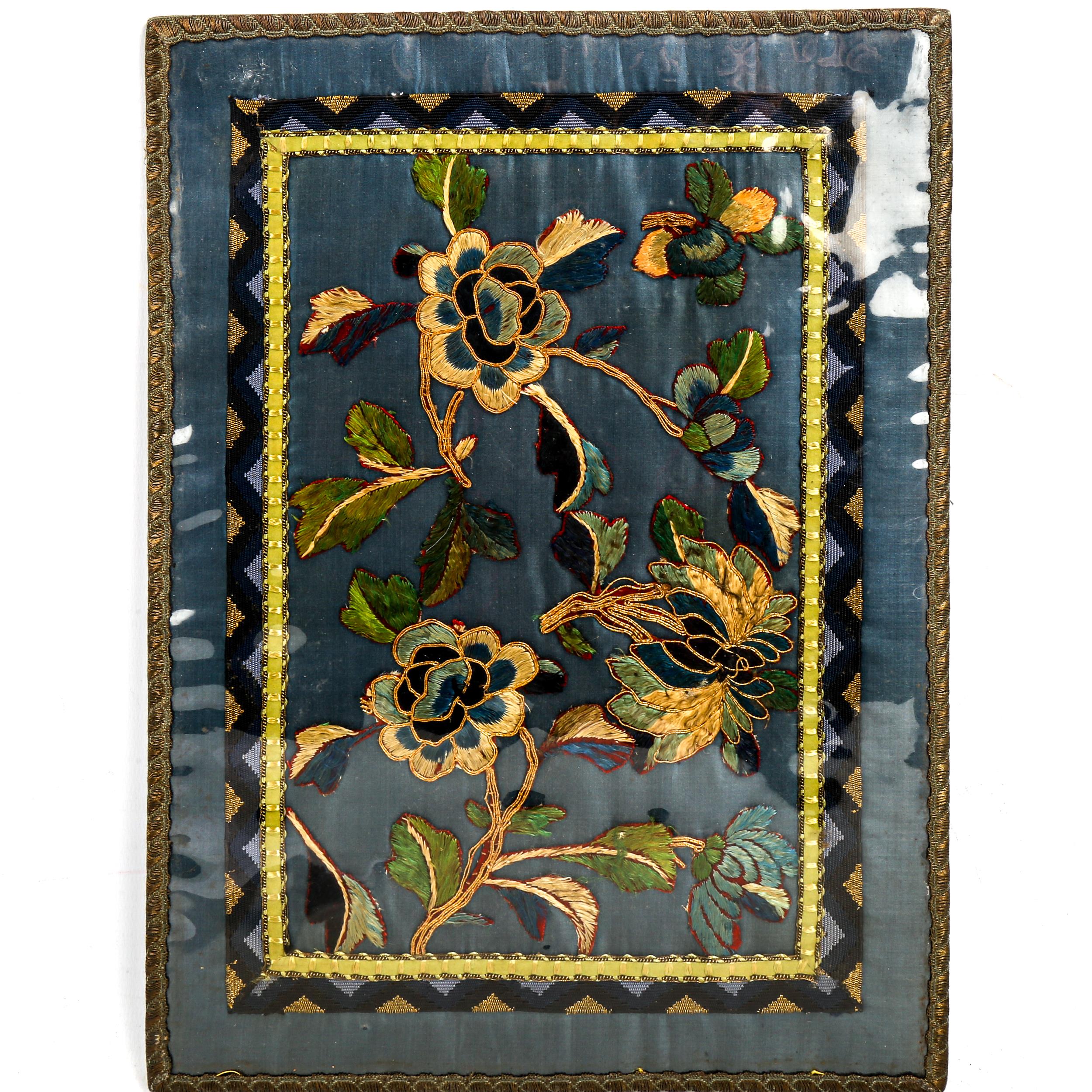 A Chinese gold braid silk embroidered floral panel, 36 x 26cm No damage, a few strands are frayed.