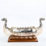 A large Vintage Norwegian silver plated Viking boat fruit bowl, modelled with removable Tage