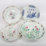 4 Chinese porcelain plates with hand painted decoration, largest diameter 28cm