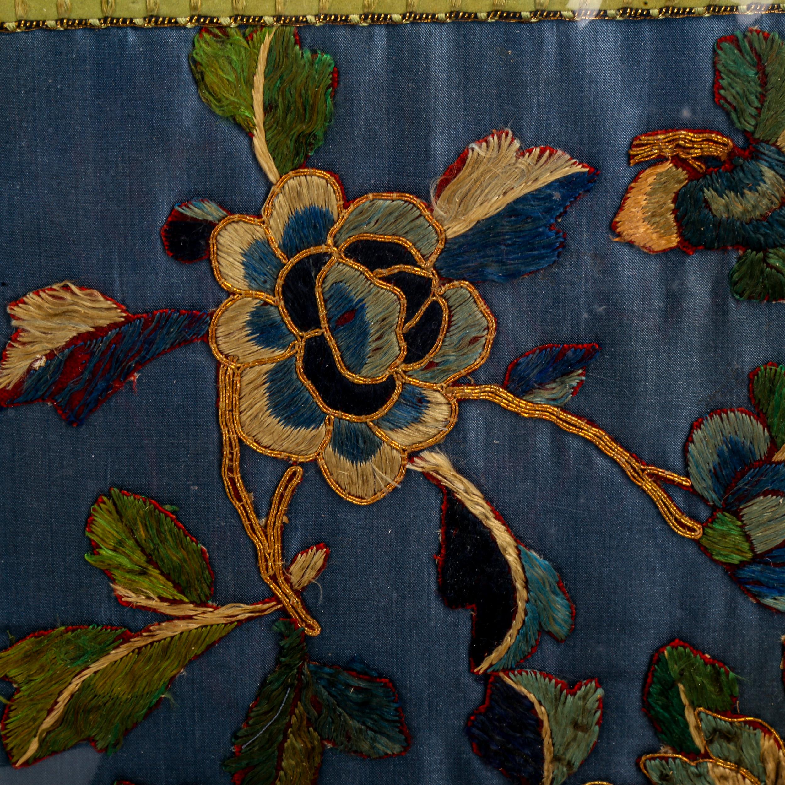 A Chinese gold braid silk embroidered floral panel, 36 x 26cm No damage, a few strands are frayed. - Image 2 of 3