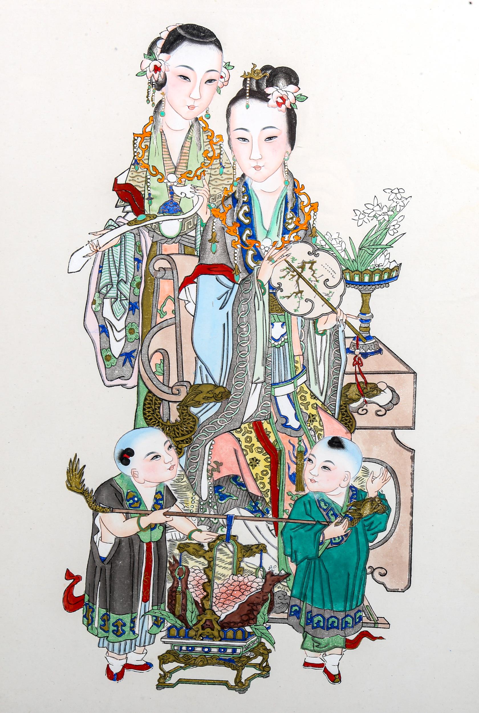 A Chinese watercolour over a printed base, depicting women and children, signed with a seal, overall